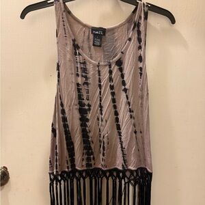 Rue21 Black and Cream Striped Fringe Tank Top